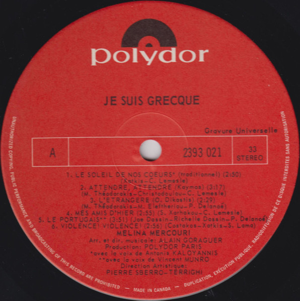 Melina Mercouri - Je Suis Grecque | Polydor (2393 021) - 3