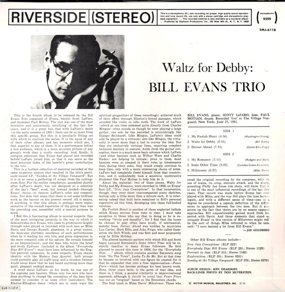 The Bill Evans Trio - Waltz For Debby | Riverside Records (SMJ-6118) - 3 The Bill Evans Trio - Waltz For Debby | Riverside Records (SMJ-6118) - 3