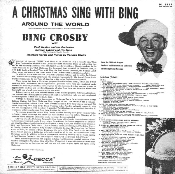 Bing Crosby With Paul Weston And His Orchestra , Norman Luboff Choir - A Christmas Sing With Bing - Around The World | Decca (DL 8419) - 2