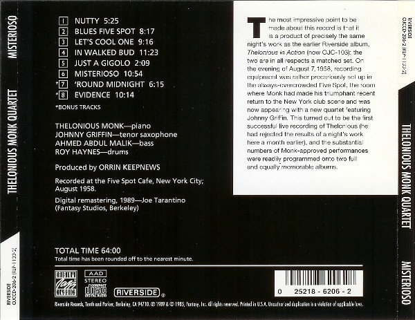 The Thelonious Monk Quartet - Misterioso | Original Jazz Classics (OJCCD-206-2) - 2