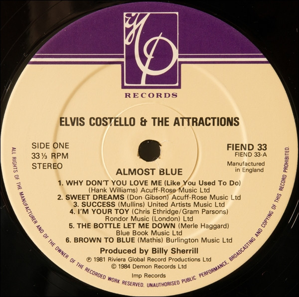 Elvis Costello & The Attractions - Almost Blue | Imp Records (FIEND 33) - 2 Elvis Costello & The Attractions - Almost Blue | Imp Records (FIEND 33) - 2
