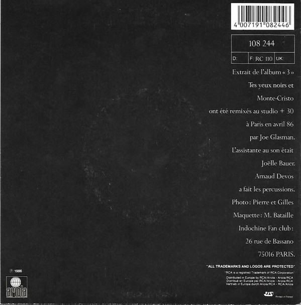 Indochine - Tes Yeux Noirs / Monte-Cristo | Ariola (108 244) - 2
