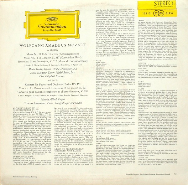 Wolfgang Amadeus Mozart / Maria Stader ‧ Oralia Dominguez ‧ Ernst Haefliger ‧ Michel Roux ‧ Choeurs Elisabeth Brasseur ‧ Maurice Allard ‧ Orchestre Des Concerts Lamoureux ‧ Dirigent: Igor Markevitch - Krönungsmesse KV 317 ‧ Fagottkonzert KV 191 | Deutsche Grammophon (138 131 SLPM) - 2