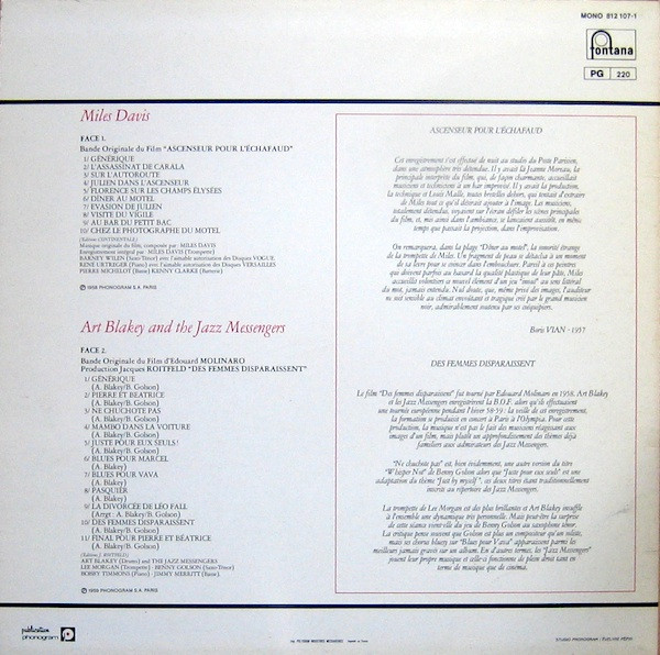 Art Blakey & The Jazz Messengers  /  Miles Davis - Ascenseur Pour L'Échafaud / Des Femmes Disparaissent | Fontana (812 107-1) - 2