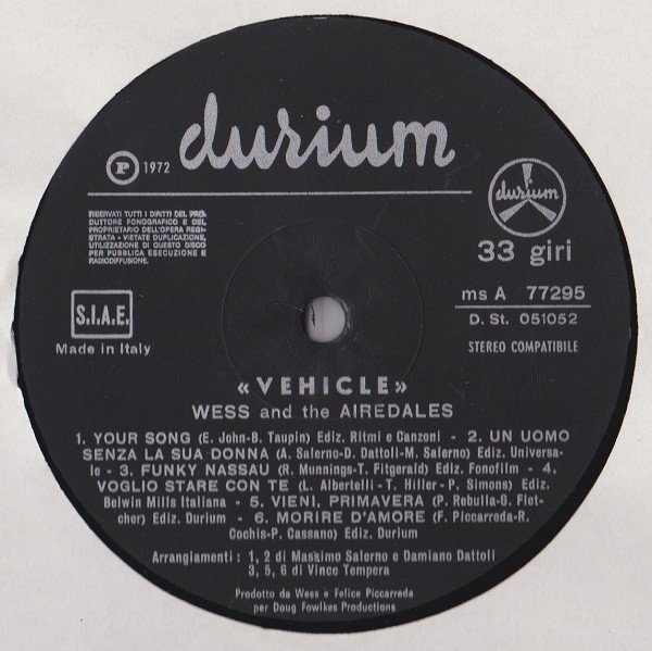 Wess & The Airedales - Vehicle | Durium (MSA 77295) - 4 Wess & The Airedales - Vehicle | Durium (MSA 77295) - 4
