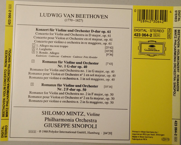 Ludwig van Beethoven - Shlomo Mintz , Giuseppe Sinopoli , Philharmonia Orchestra - Violinkonzert Romanzen | Deutsche Grammophon (423 064-2) - 2