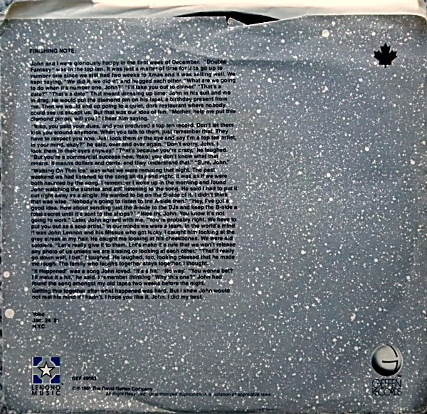 Yoko Ono - Walking On Thin Ice (7") [Vinyl] | Geffen Records (GEF 49683) - 2