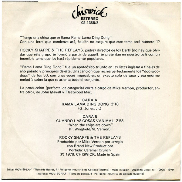 Rocky Sharpe & The Replays - Rama Lama Ding Dong | Chiswick Records (02.1385/8) - 2