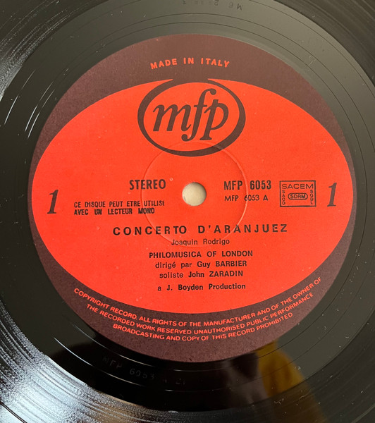 Joaquín Rodrigo , Sylvius Leopold Weiss , Girolamo Frescobaldi , Antonio Lauro , Isaac Albéniz , Joaquín Malats - John Zaradin - Concerto D'Aranjuez | Music For Pleasure (MFP 6053) - 3