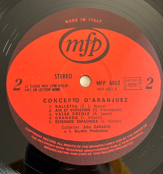 Joaquín Rodrigo , Sylvius Leopold Weiss , Girolamo Frescobaldi , Antonio Lauro , Isaac Albéniz , Joaquín Malats - John Zaradin - Concerto D'Aranjuez | Music For Pleasure (MFP 6053) - 4