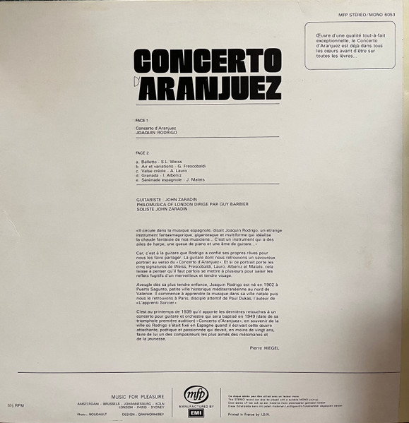 Joaquín Rodrigo , Sylvius Leopold Weiss , Girolamo Frescobaldi , Antonio Lauro , Isaac Albéniz , Joaquín Malats - John Zaradin - Concerto D'Aranjuez | Music For Pleasure (MFP 6053) - 2