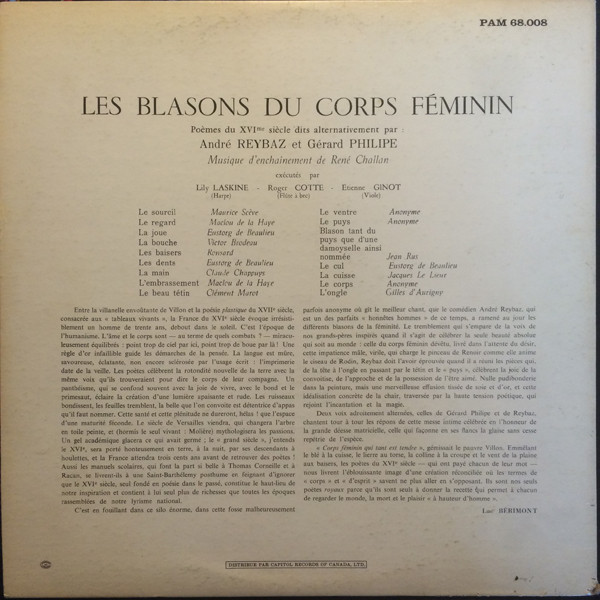 Gérard Philipe , André Reybaz , René Challan - Les Blasons Du Corps Féminin - Poèmes Du XVIe Siècle [Vinyl] | Pathé (PAM 68.008) - 2