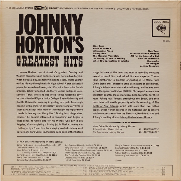 Johnny Horton - Johnny Horton's Greatest Hits | Columbia (CS 8396) - 2