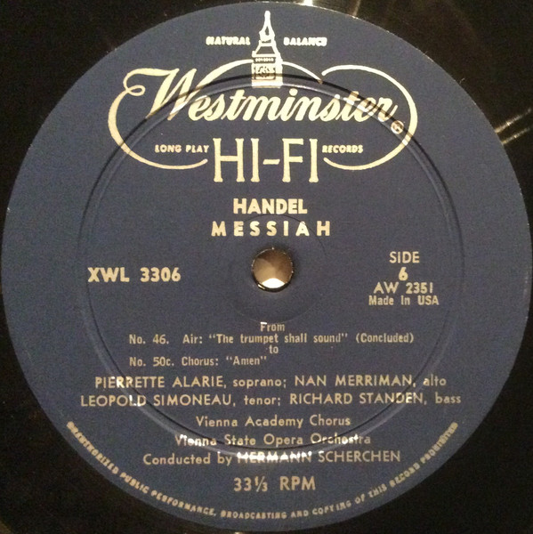 Georg Friedrich Händel , Hermann Scherchen Conducting The Orchester Der Wiener Staatsoper , Wiener Akademie Kammerchor - Messiah | Westminster (XWL 3306) - 3 Georg Friedrich Händel , Hermann Scherchen Conducting The Orchester Der Wiener Staatsoper , Wiener Akademie Kammerchor - Messiah | Westminster (XWL 3306) - 3