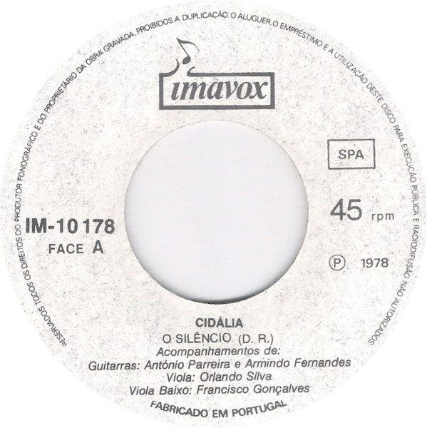 Cidália Moreira - O Silêncio / O Meu | Imavox (IM-10 178) - 3