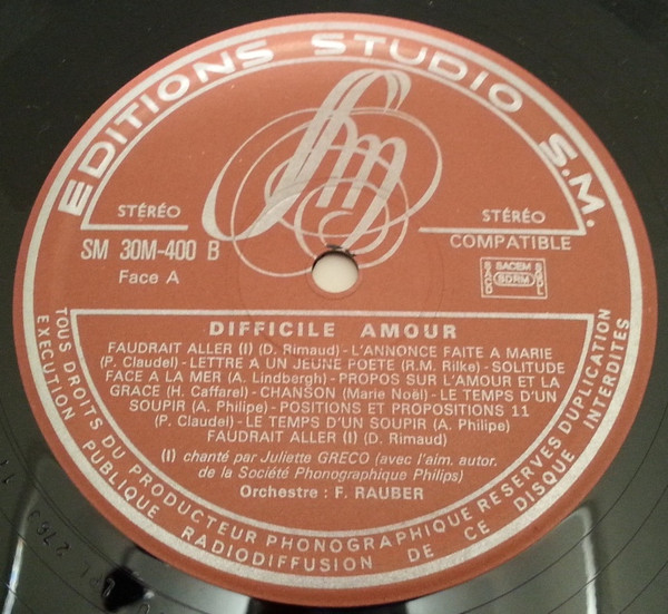 Bernard Geoffroy Avec La Participation De Juliette Gréco , François Rauber Et Son Orchestre - Difficile Amour | Editions Studio S.M. (SM 30 M-400) - 2