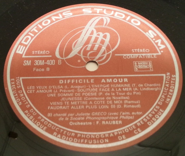 Bernard Geoffroy Avec La Participation De Juliette Gréco , François Rauber Et Son Orchestre - Difficile Amour | Editions Studio S.M. (SM 30 M-400) - 3
