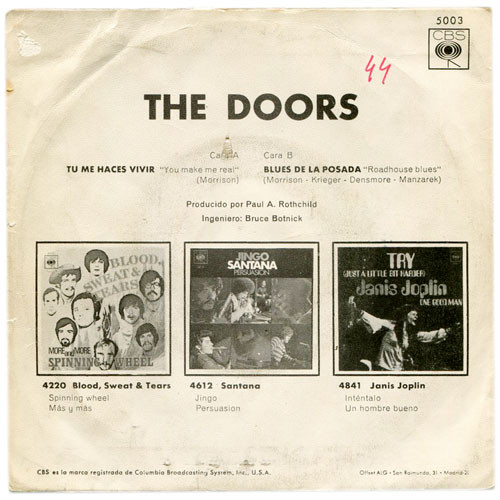 The Doors - Tu Me Haces Vivir / El Blues De La Posada | CBS (5003) - 2