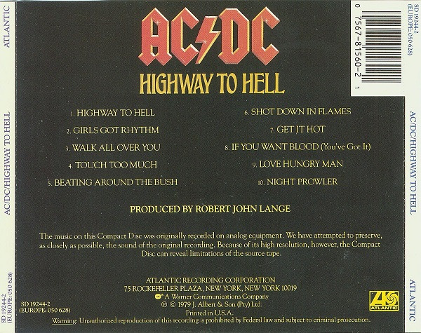 AC/DC - Highway To Hell CD | Atlantic (SD 19244-2) - 2