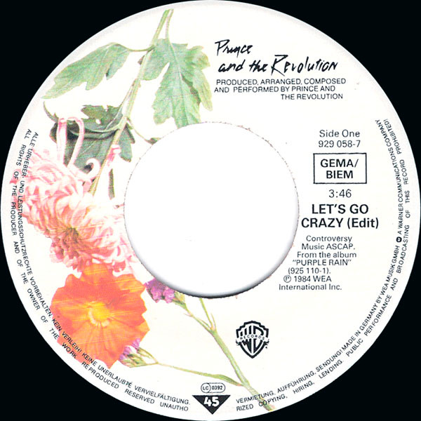 Prince And The Revolution - Let's Go Crazy / Take Me With U | Warner Bros. Records (929 058-7) - 3