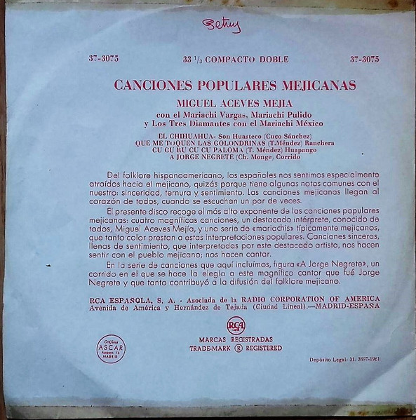Miguel Aceves Mejia - Canciones Populares Mejicanas | RCA (37-3075) - 2