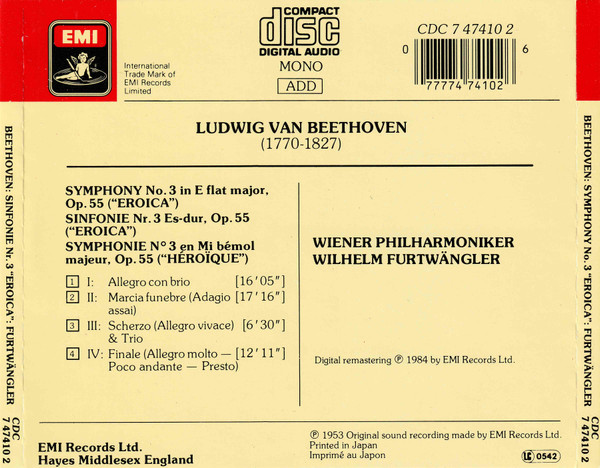 Ludwig van Beethoven Beethoven Wilhelm Furtwängler , Wiener Philharmoniker - Symphony No. 3, "Eroica" | EMI (CDC 7 47410 2) - 2