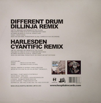 London Elektricity + Robert Owens - Different Drum (Dillinja Remix) / Harlesden (Cyantific Remix) | Hospital Records (NHS63) - 2