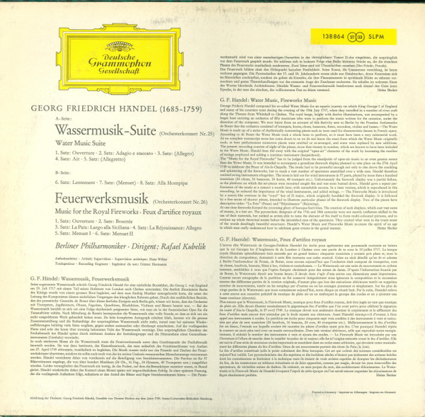 Georg Friedrich Händel - Berliner Philharmoniker · Rafael Kubelik - Wassermusik-Suite · Feuerwerksmusik | Deutsche Grammophon (138 864 SLPM) - 2