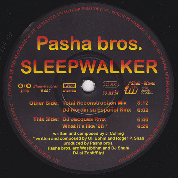 Pasha Bros. - Sleepwalker | Shah-Records (Shah-Records 007) - main