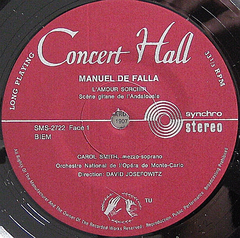 Manuel De Falla , Orchestre National De L'Opéra De Monte-Carlo , David Josefowitz , Carol Smith , Pierre Barbizet - El Amor Brujo - Noches En Los Jardines De España | Concert Hall (SMS 2722) - 3