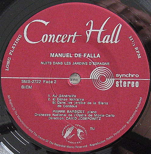 Manuel De Falla , Orchestre National De L'Opéra De Monte-Carlo , David Josefowitz , Carol Smith , Pierre Barbizet - El Amor Brujo - Noches En Los Jardines De España | Concert Hall (SMS 2722) - 4
