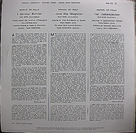 Manuel De Falla , Orchestre National De L'Opéra De Monte-Carlo , David Josefowitz , Carol Smith , Pierre Barbizet - El Amor Brujo - Noches En Los Jardines De España | Concert Hall (SMS 2722) - 2
