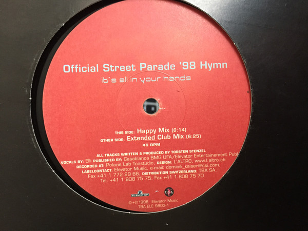 DJ Scream - Official Street Parade '98 Hymn - It's All In Your Hands | Elevator Music (TBA ELE 9803-1) - main