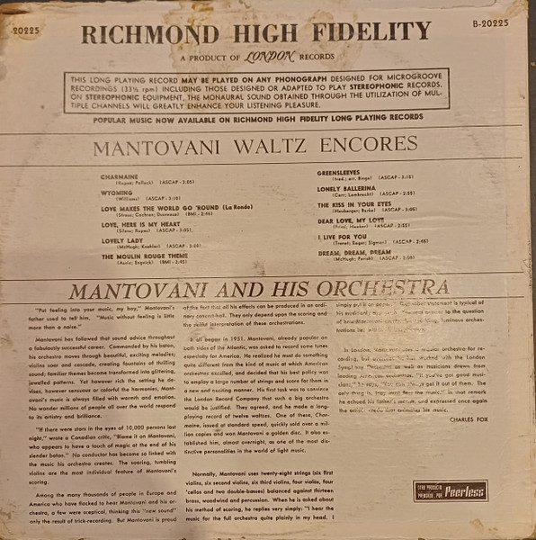 Mantovani And His Orchestra - Mantovani Waltz Encores | London Records (B 20 225) - 2 Mantovani And His Orchestra - Mantovani Waltz Encores | London Records (B 20 225) - 2