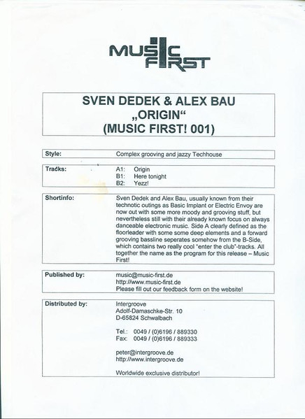 Sven Dedek & Alex Bau - Origin | Music First (MUSIC FIRST! 001) - main Sven Dedek & Alex Bau - Origin | Music First (MUSIC FIRST! 001) - main
