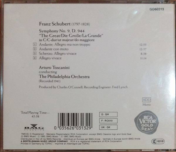Franz Schubert , Arturo Toscanini , The Philadelphia Orchestra - Symphony No. 9 "The Great" | RCA Victor Gold Seal (GD60313) - 2