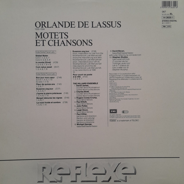 Roland de Lassus - The Hilliard Ensemble - Motets Et Chansons | His Master's Voice (067 EL 14 3630 1) - 2