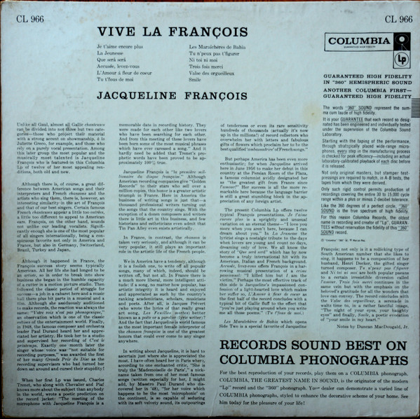 Jacqueline François With Michel Legrand Et Son Orchestre - Vive La Francois ! | Columbia (CL 966) - 2