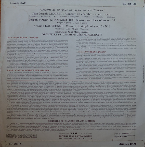 Jean-Joseph Mouret / Joseph Bodin de Boismortier / Antoine Dauvergne - Orchestre De Chambre Gérard Cartigny - Concerts De Sinfonies En France Au XVIIIe Siècle | BAM (LD 068) - 2
