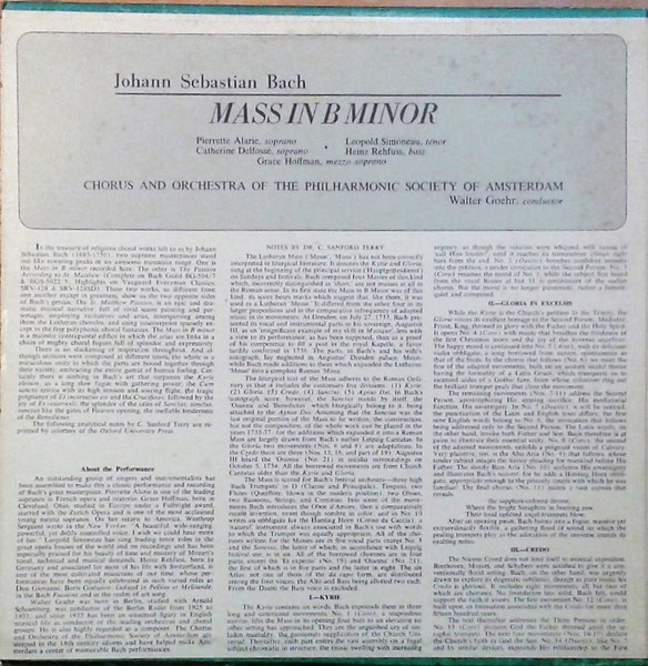 Johann Sebastian Bach - Walter Goehr , Amsterdam Philharmonic Society Chorus And  Amsterdam Philharmonic Society Orchestra , Pierrette Alarie , Catherine Delfosse , Leopold Simoneau , Heinz Rehfuss , Grace Hoffman - Mass In B Minor | Vanguard (SRV-216/7 SD) - 2