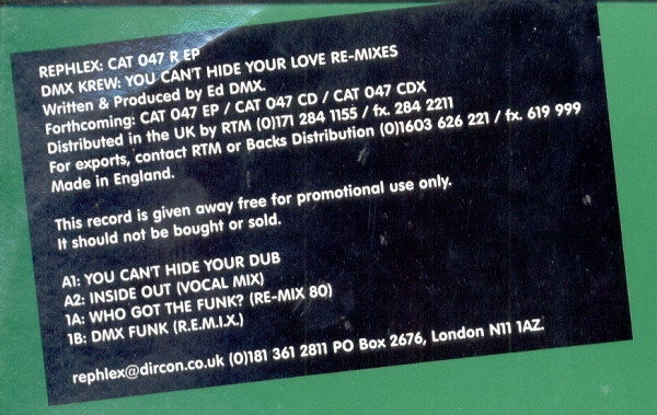 DMX Krew - You Can't Hide Your Love Re-mixes | Rephlex (CAT 047 R EP) - 4