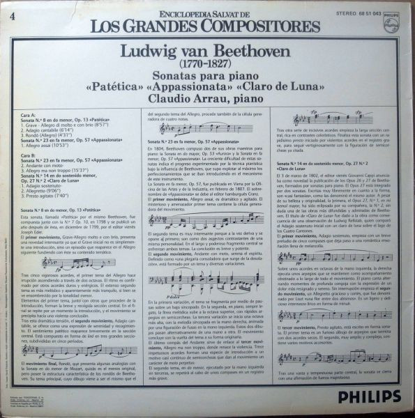 Ludwig van Beethoven , Claudio Arrau - Sonatas Para Piano "Patética" "Appassionata" "Claro De Luna" | Philips (68 51 043) - 2
