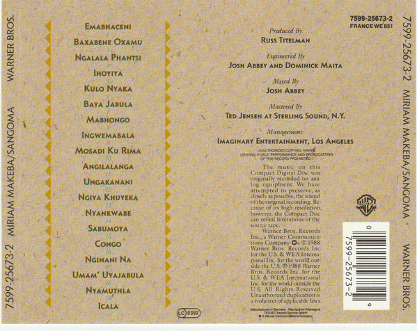 Miriam Makeba - Sangoma | Warner Bros. Records (7599-25673-2) - 2