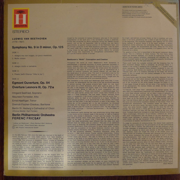 Ludwig van Beethoven - Irmgard Seefried , Maureen Forrester , Ernst Haefliger , Dietrich Fischer-Dieskau - Chor Der St. Hedwigs-Kathedrale Berlin , Berliner Philharmoniker , Ferenc Fricsay - 9th Symphony / Overtures: »Egmont« • »Leonore III« | Heliodor (2700 108) - 4