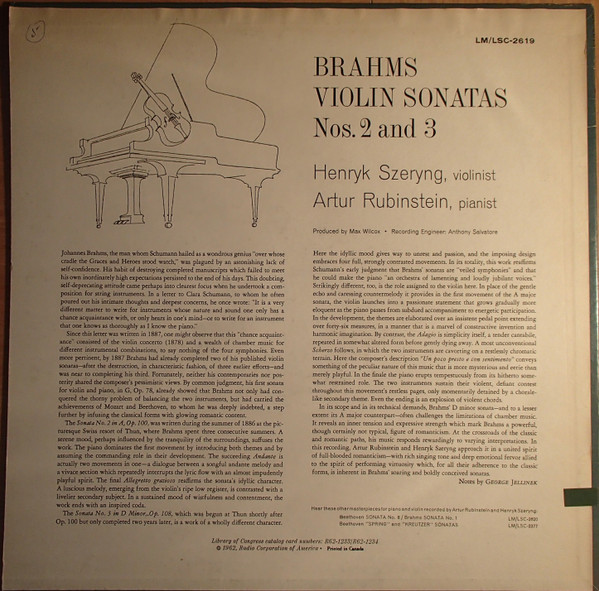 Arthur Rubinstein And Henryk Szeryng , Johannes Brahms - Violin Sonatas No. 2, Op. 100 • No. 3, Op. 108 | RCA Victor Red Seal (LSC-2619) - 2
