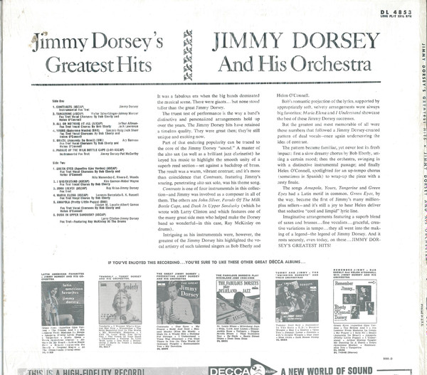 Jimmy Dorsey And His Orchestra - Jimmy Dorsey's Greatest Hits | Decca (DL 4853) - 2
