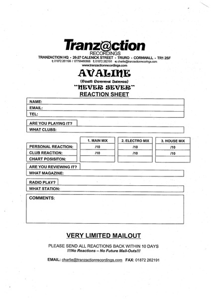 Avaline Feat. Gema James - Never Sever | Tranzaction Recordings (TZ02) - 3 Avaline Feat. Gema James - Never Sever | Tranzaction Recordings (TZ02) - 3