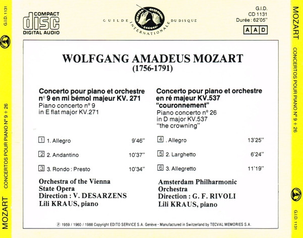 Wolfgang Amadeus Mozart - Lili Kraus , Orchester Der Wiener Staatsoper , Victor Desarzens / Amsterdam Philharmonic Orchestra , Gianfranco Rivoli - Piano Concerto N° 9 / Piano Concerto N° 26 "The Crowning" | Guilde Internationale Du Disque (G.I.D. PHC 1131) - 3 Wolfgang Amadeus Mozart - Lili Kraus , Orchester Der Wiener Staatsoper , Victor Desarzens / Amsterdam Philharmonic Orchestra , Gianfranco Rivoli - Piano Concerto N° 9 / Piano Concerto N° 26 "The Crowning" | Guilde Internationale Du Disque (G.I.D. PHC 1131) - 3
