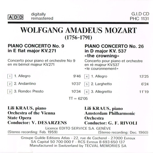 Wolfgang Amadeus Mozart - Lili Kraus , Orchester Der Wiener Staatsoper , Victor Desarzens / Amsterdam Philharmonic Orchestra , Gianfranco Rivoli - Piano Concerto N° 9 / Piano Concerto N° 26 "The Crowning" | Guilde Internationale Du Disque (G.I.D. PHC 1131) - 2 Wolfgang Amadeus Mozart - Lili Kraus , Orchester Der Wiener Staatsoper , Victor Desarzens / Amsterdam Philharmonic Orchestra , Gianfranco Rivoli - Piano Concerto N° 9 / Piano Concerto N° 26 "The Crowning" | Guilde Internationale Du Disque (G.I.D. PHC 1131) - 2