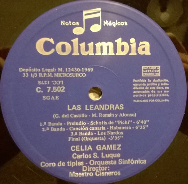 Celia Gámez , Orquesta Sinfónica Director: Indalecio Cisneros - Las Leandras (Selección) | Columbia (C. 7.502) - 3